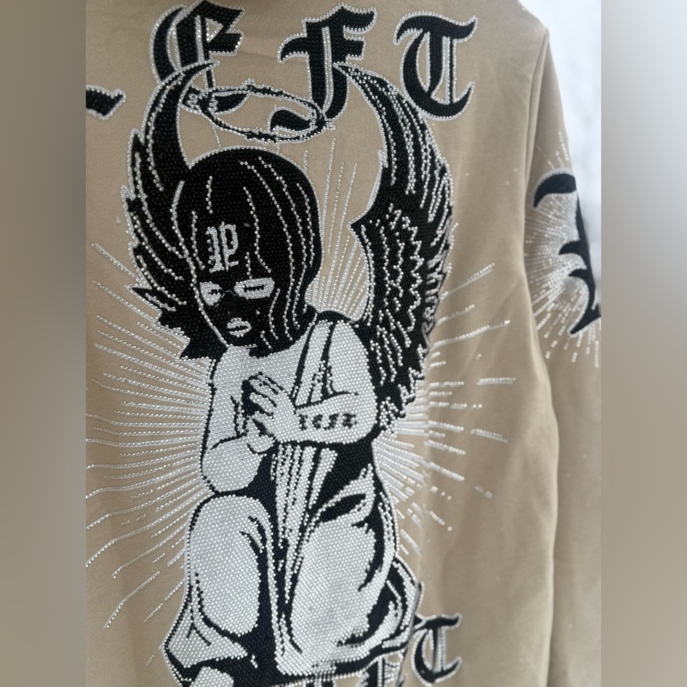 Left Point Rhinestone Angel Hoodie Beige Crystal Gothic Made in Italy NWT Size S